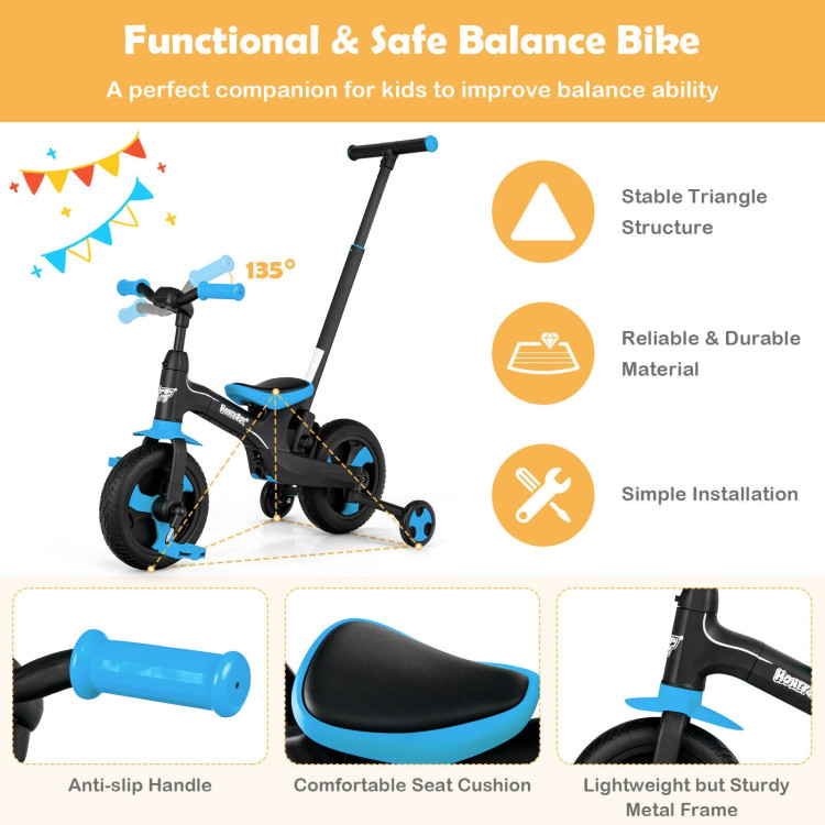 5-in-1 Multifunctional Kids Bike with Detachable Push Handle-BlueCostway Gallery View 8 of 10