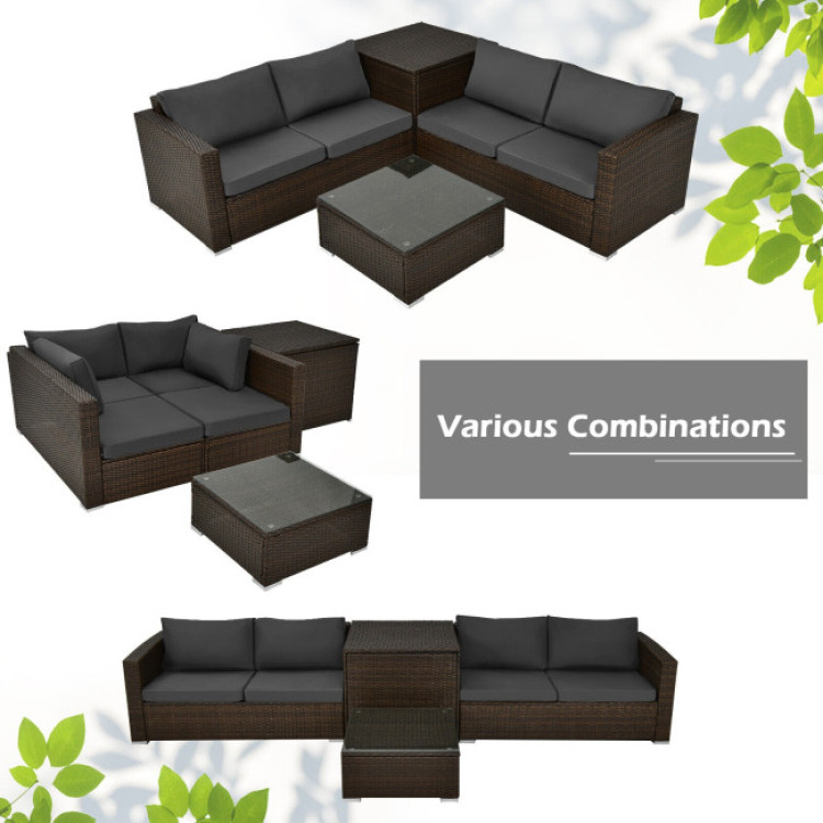 4 Pieces Patio Rattan Cushioned Furniture Set with Armrest and Storage Box-BrownCostway Gallery View 5 of 11