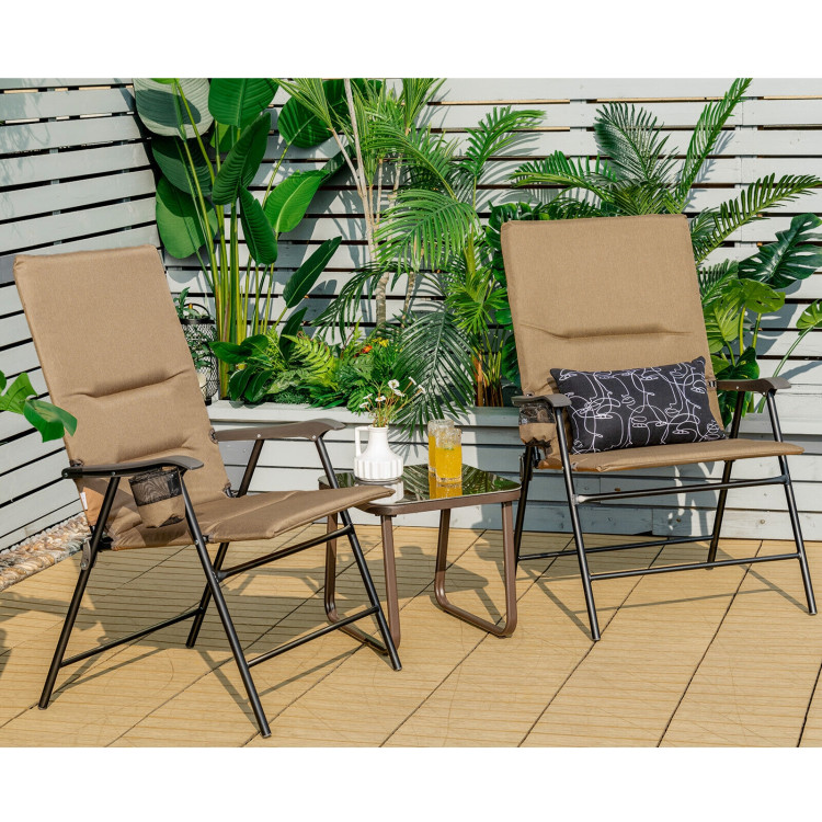 Patio Folding Padded Chair with High Backrest and Cup Holder-BrownCostway Gallery View 6 of 9