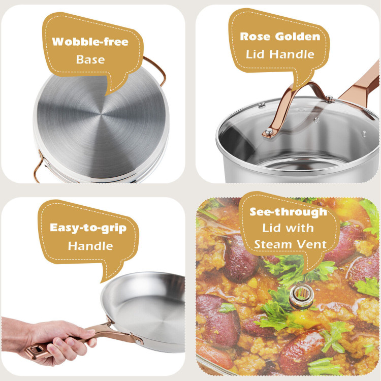 11 Pieces Stainless Steel Kitchen Cookware Set with Gold Stay-Cool HandlesCostway Gallery View 10 of 11