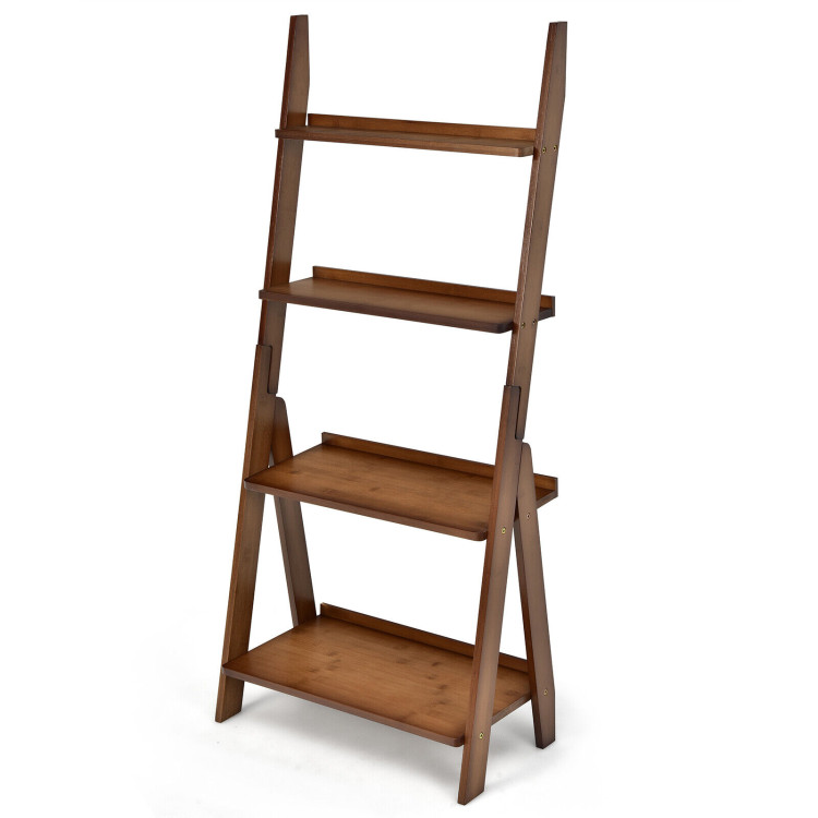 4-Tier Bamboo Ladder Shelf Bookcase for Study Room-BrownCostway Gallery View 3 of 10