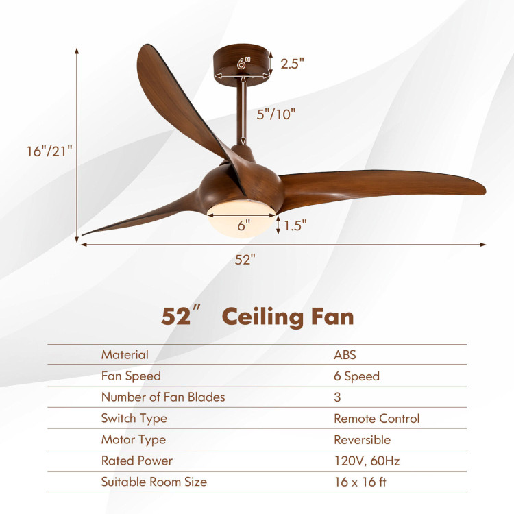 52 Inch Ceiling Fan with Changeable Light Color and 6-Level Adjustable Speed-BrownCostway Gallery View 4 of 11