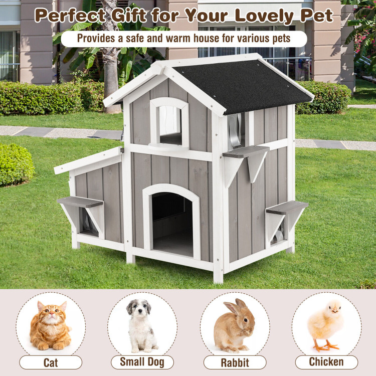 Outdoor 2-Story Wooden Feral Cat House with Escape Door-GrayCostway Gallery View 3 of 10