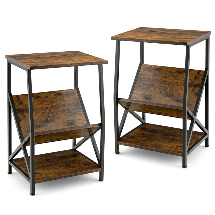 3-Tier Industrial Side Table with V-shaped Bookshelf for Living Room-Rustic BrownCostway Gallery View 8 of 10