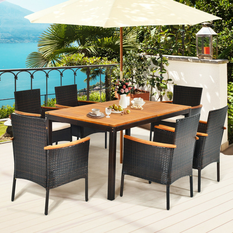 7 Pieces Patio Rattan Dining Set with Armrest Cushioned Chair and Wooden TabletopCostway Gallery View 7 of 12