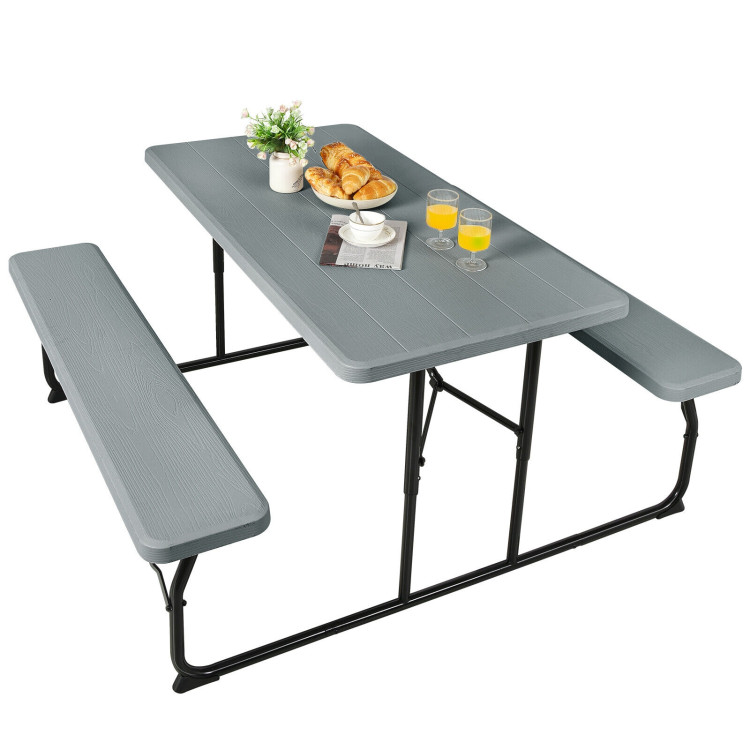 Indoor and Outdoor Folding Picnic Table Bench Set with Wood-like Texture-GrayCostway Gallery View 8 of 12