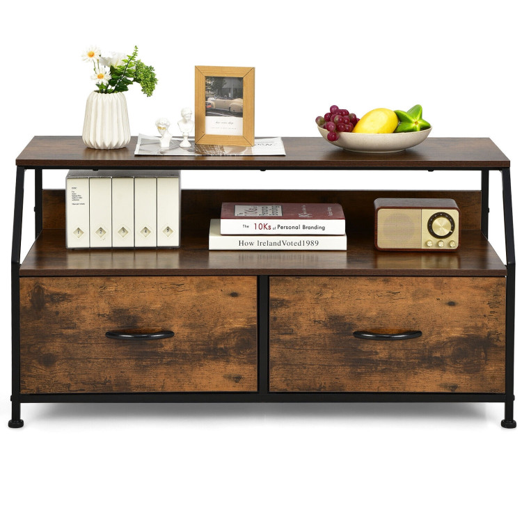 Dresser TV Stand with 2 Folding Fabric Drawers and Open Shelves-Rustic BrownCostway Gallery View 9 of 11