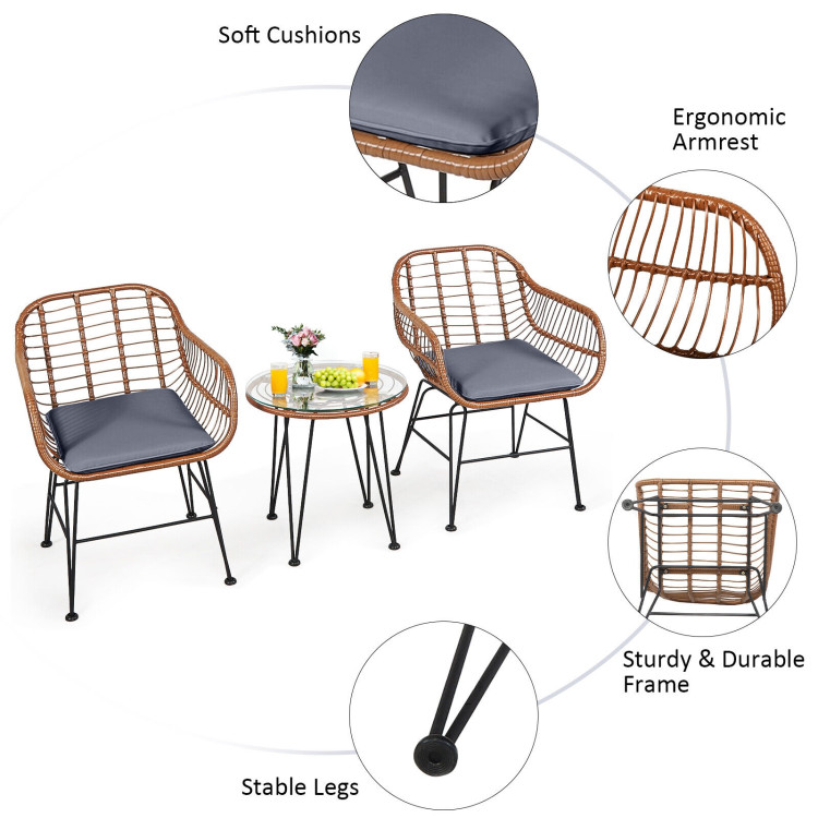 3 Pieces Patio Rattan Bistro Set with Cushion-GrayCostway Gallery View 5 of 12