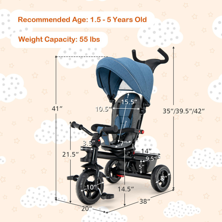4-in-1 Baby Tricycle Toddler Trike with Convertible Seat-BlueCostway Gallery View 5 of 12