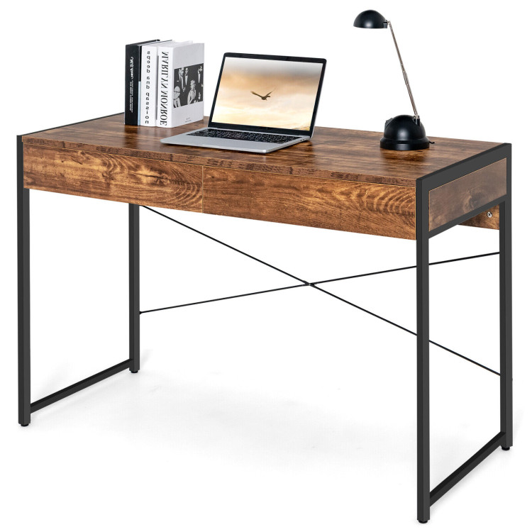 2-Drawer Home Office Desk with Steel Frame-Rustic BrownCostway Gallery View 9 of 11