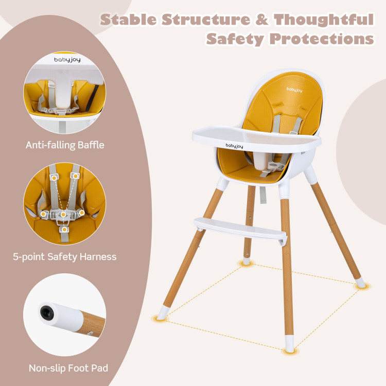 4-in-1 Convertible Baby High Chair Infant Feeding Chair with Adjustable Tray-YellowCostway Gallery View 9 of 10