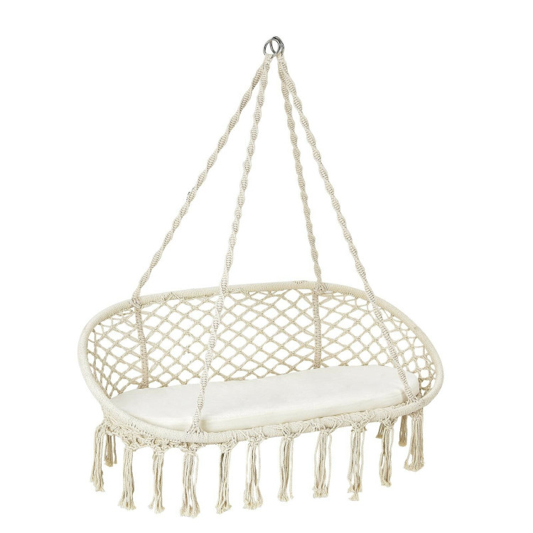 2 Person Hanging Hammock Chair with Cushion Macrame Swing-BeigeCostway Gallery View 1 of 11