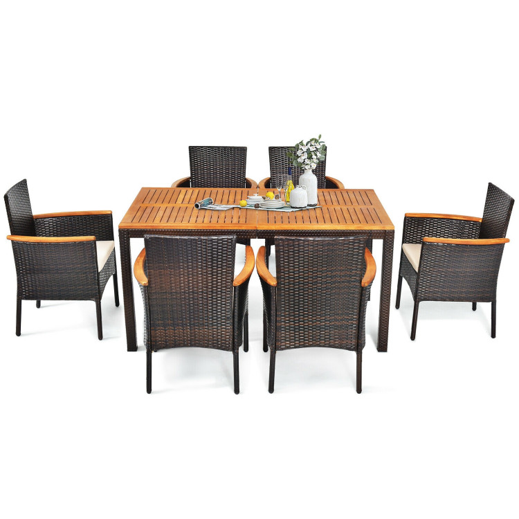7 Pieces Patio Rattan Dining Set with Armrest Cushioned Chair and Wooden TabletopCostway Gallery View 10 of 12