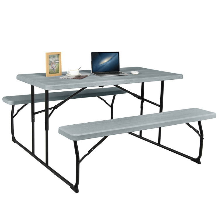 Indoor and Outdoor Folding Picnic Table Bench Set with Wood-like Texture-GrayCostway Gallery View 9 of 12