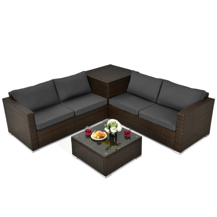 4 Pieces Patio Rattan Cushioned Furniture Set with Armrest and Storage Box-BrownCostway Gallery View 8 of 11