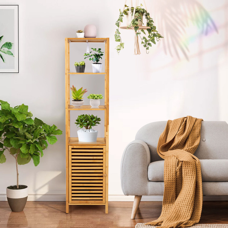 4 Tiers Slim Bamboo Floor Storage Cabinet with Shutter Door and Anti-Toppling Device-NaturalCostway Gallery View 9 of 12