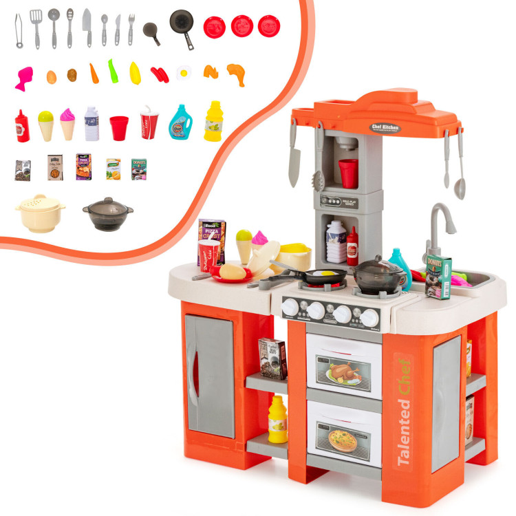 67 Pieces Play Kitchen Set for Kids with Food and Realistic Lights and Sounds-OrangeCostway Gallery View 7 of 10