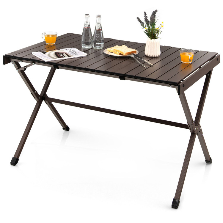 4-6 Person Portable Aluminum Camping Table with Carrying Bag-BrownCostway Gallery View 10 of 12