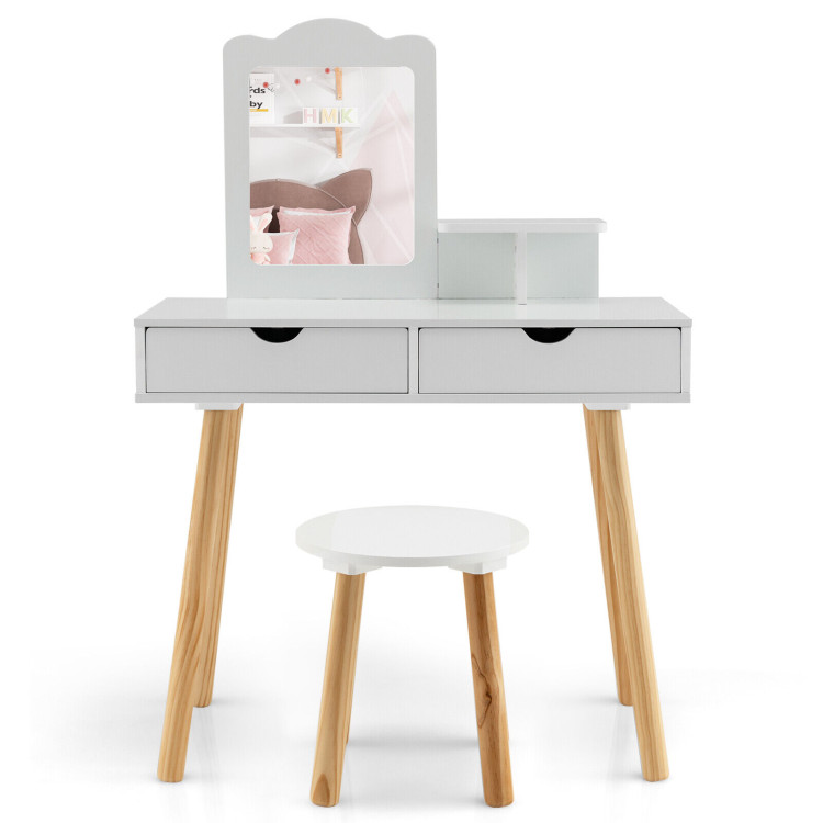 Kid Vanity Table Chair Set with Mirror and 2 Large Storage Drawers-WhiteCostway Gallery View 8 of 11