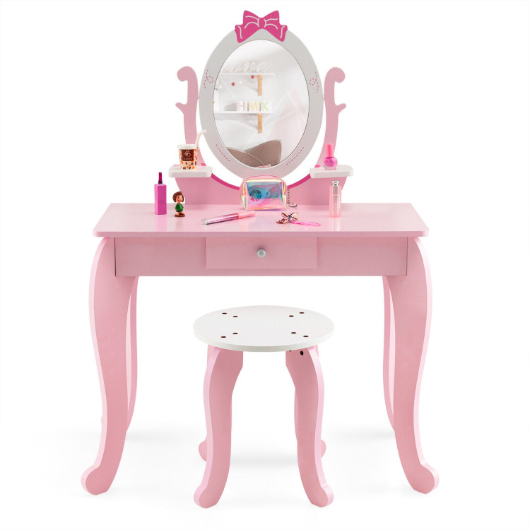 Kid Vanity Table Stool Set with Oval Rotatable Mirror-PinkCostway Gallery View 8 of 11