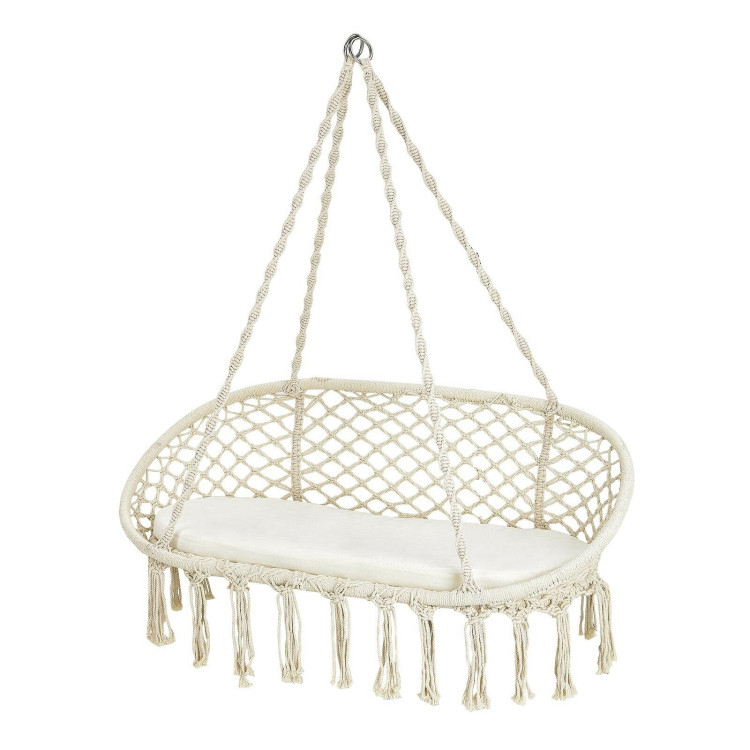 2 Person Hanging Hammock Chair with Cushion Macrame Swing-BeigeCostway Gallery View 8 of 11