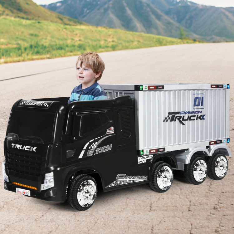 12V Kids Semi-Truck with Container and Remote Control-BlackCostway Gallery View 2 of 12