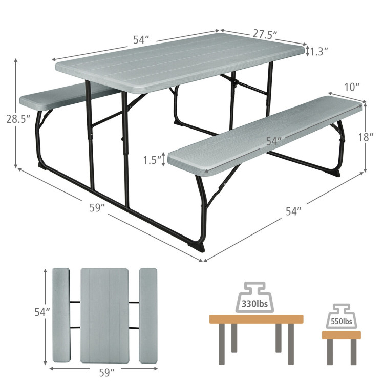 Indoor and Outdoor Folding Picnic Table Bench Set with Wood-like Texture-GrayCostway Gallery View 4 of 12