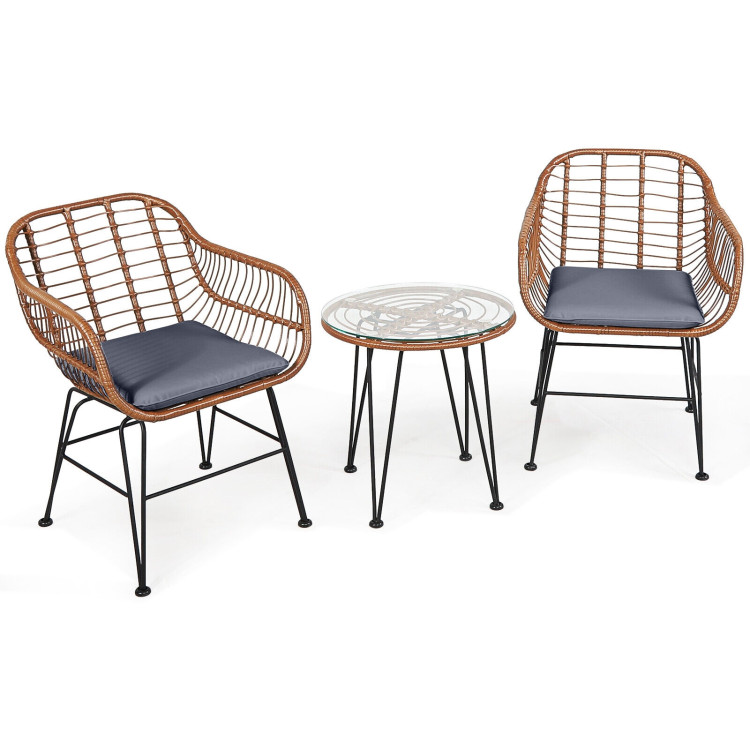 3 Pieces Patio Rattan Bistro Set with Cushion-GrayCostway Gallery View 9 of 12