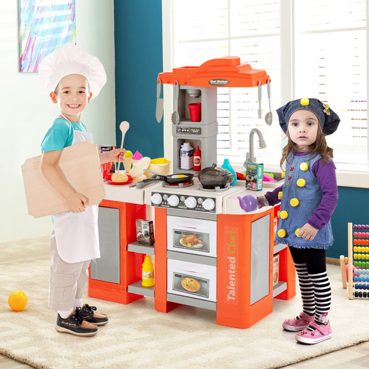 67 Pieces Play Kitchen Set for Kids with Food and Realistic Lights and Sounds-OrangeCostway Gallery View 6 of 10