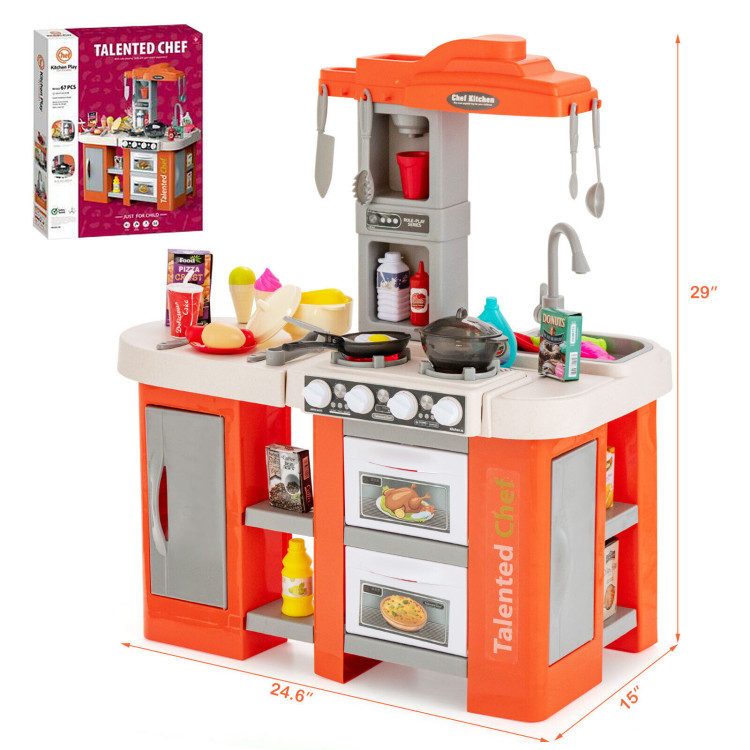 67 Pieces Play Kitchen Set for Kids with Food and Realistic Lights and Sounds-OrangeCostway Gallery View 4 of 10