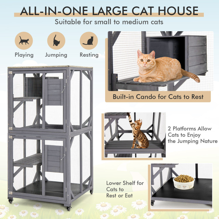 Outdoor Cat House Enclosures on Wheels Kitten Cages with Resting Box-GrayCostway Gallery View 8 of 10