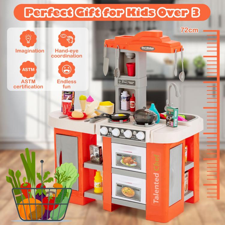 67 Pieces Play Kitchen Set for Kids with Food and Realistic Lights and Sounds-OrangeCostway Gallery View 2 of 10
