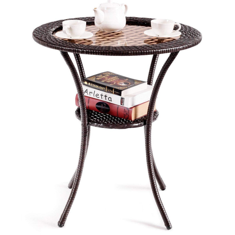 Round Rattan Wicker Coffee Table with Lower ShelfCostway Gallery View 9 of 13
