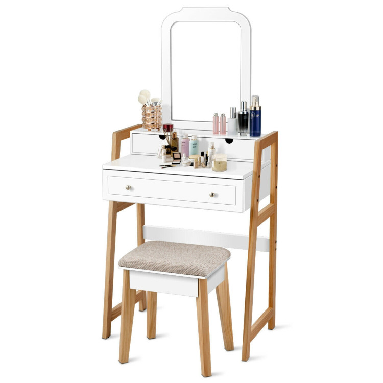 Vanity Table Set with Cushioned Stool and Large MirrorCostway Gallery View 6 of 12