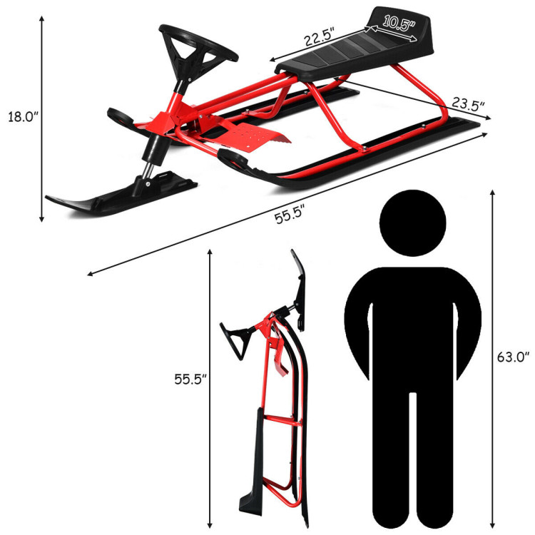 55.5 x 23.5 Inch Snow Sled with Steering Wheel and Double Brakes Pull Rope SliderCostway Gallery View 4 of 11