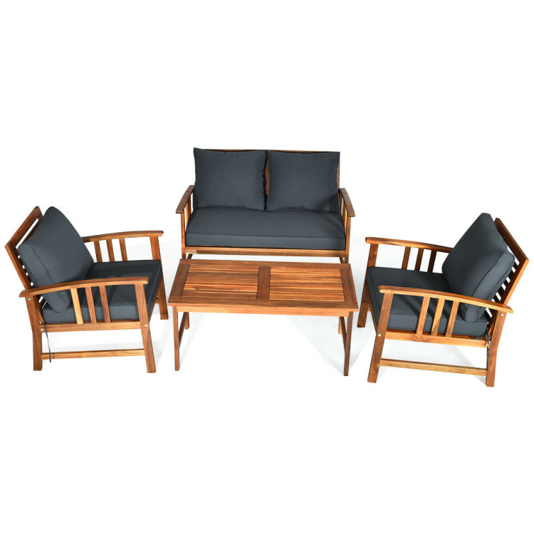 4 Pcs Wooden Patio Furniture Set Table Sofa Chair Cushioned GardenCostway Gallery View 3 of 10