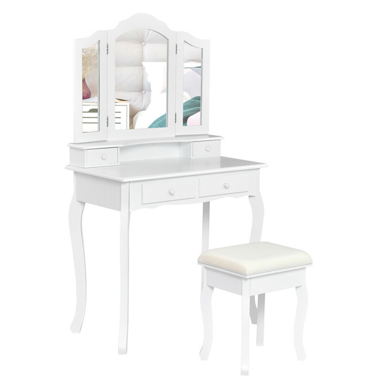 4 Drawers Wood Mirrored Vanity Dressing Table with Stool-WhiteCostway Gallery View 1 of 12