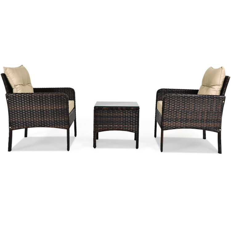 3 Pieces Outdoor Patio Rattan Conversation Set with Seat Cushions-BeigeCostway Gallery View 10 of 11
