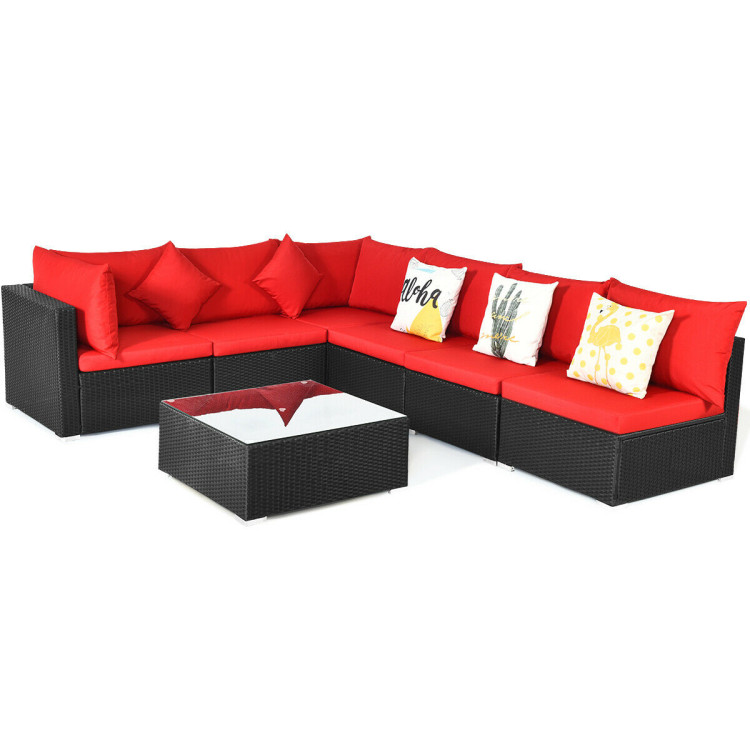 7 Pieces Sectional Wicker Furniture Sofa Set with Tempered Glass Top-RedCostway Gallery View 3 of 12