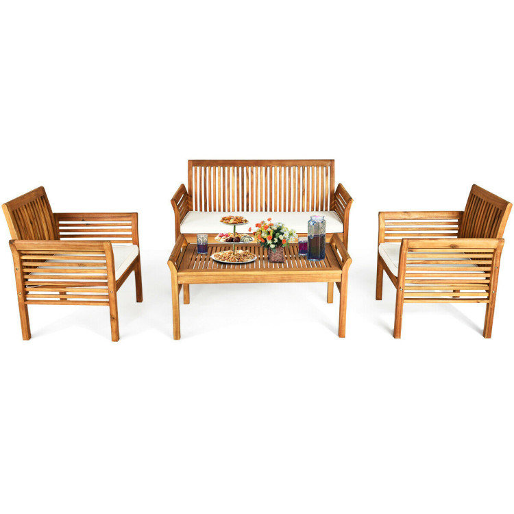 4 Pieces Outdoor Acacia Wood Sofa Furniture SetCostway Gallery View 9 of 11