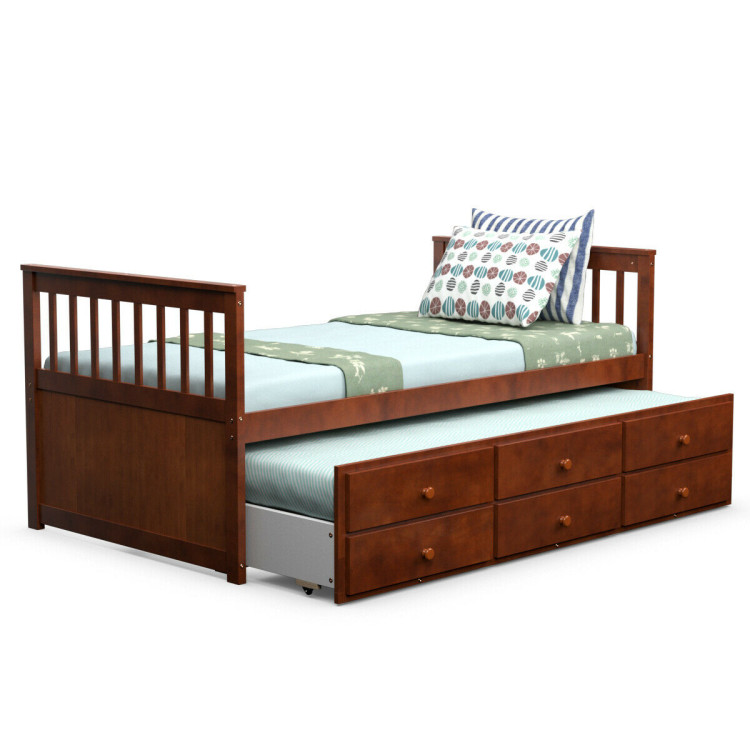 Twin Captain’s Bed with Trundle and 3 Storage Drawers-WalnutCostway Gallery View 9 of 12