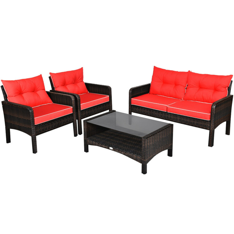 4 Pieces Outdoor Rattan Wicker Loveseat Furniture Set with Cushions-RedCostway Gallery View 3 of 9