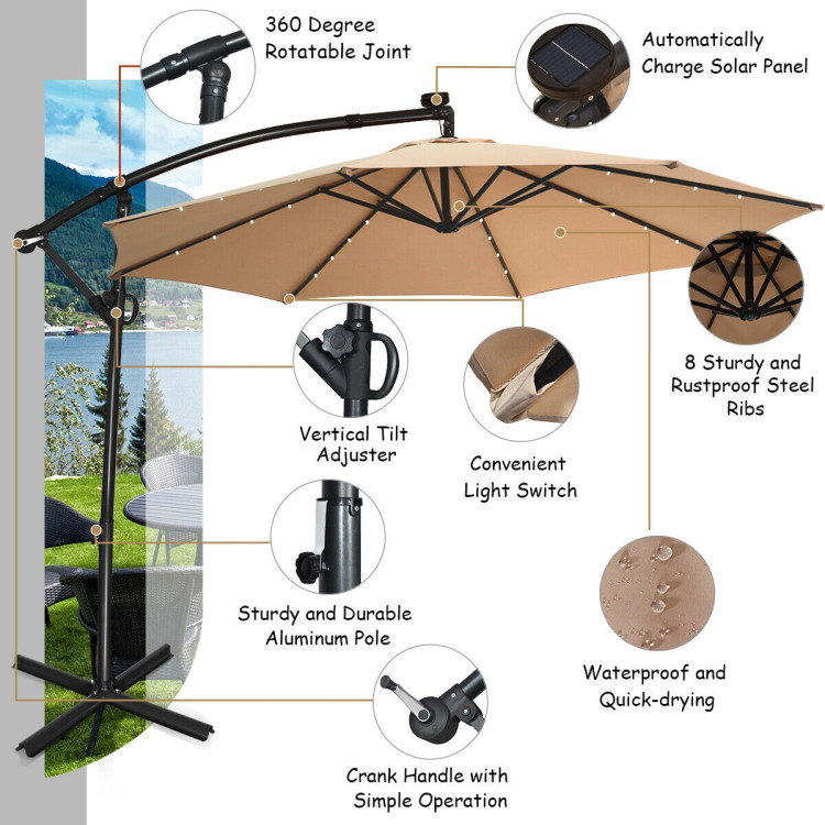 10 ft 360° Rotation Solar Powered LED Patio Offset Umbrella without Weight Base-BeigeCostway Gallery View 3 of 12