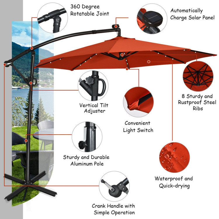 10 ft 360° Rotation Solar Powered LED Patio Offset Umbrella without Weight Base-OrangeCostway Gallery View 3 of 12
