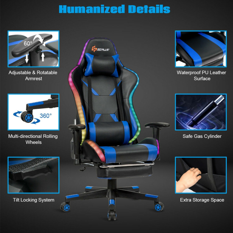 Massage Racing Gaming Chair  Chair with RGB LED Lights-BlueCostway Gallery View 7 of 10