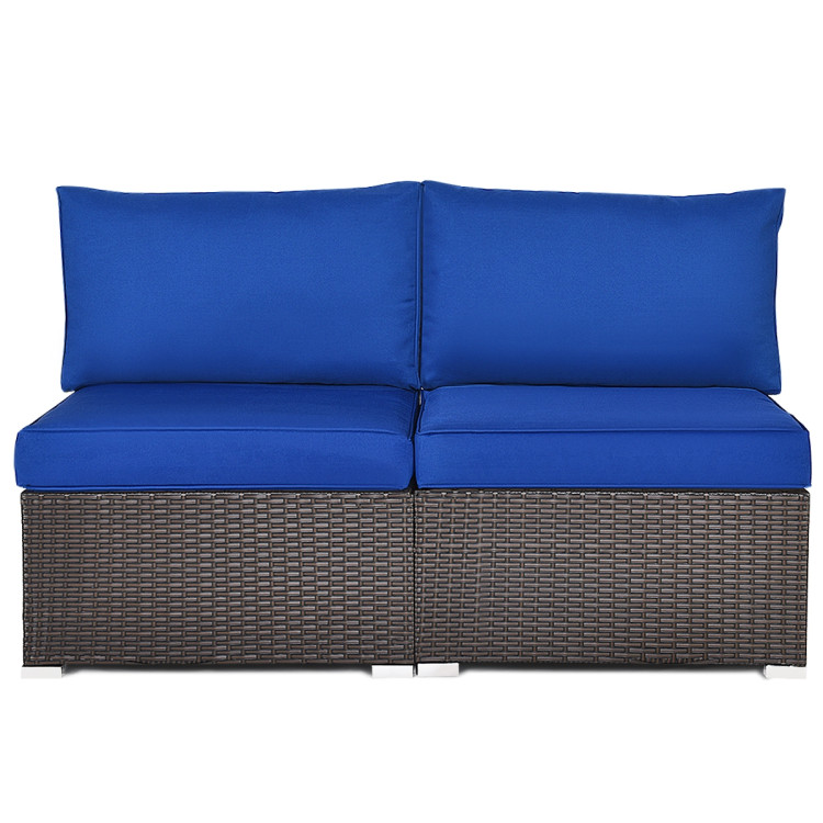 2 Pieces Patio Rattan Armless Sofa Set with 2 Cushions and 2 Pillows-NavyCostway Gallery View 8 of 11
