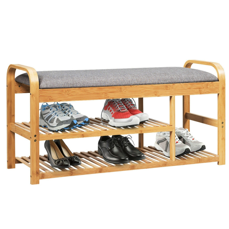 3-Tier Bamboo Shoe Rack Bench with Cushion-NaturalCostway Gallery View 4 of 12