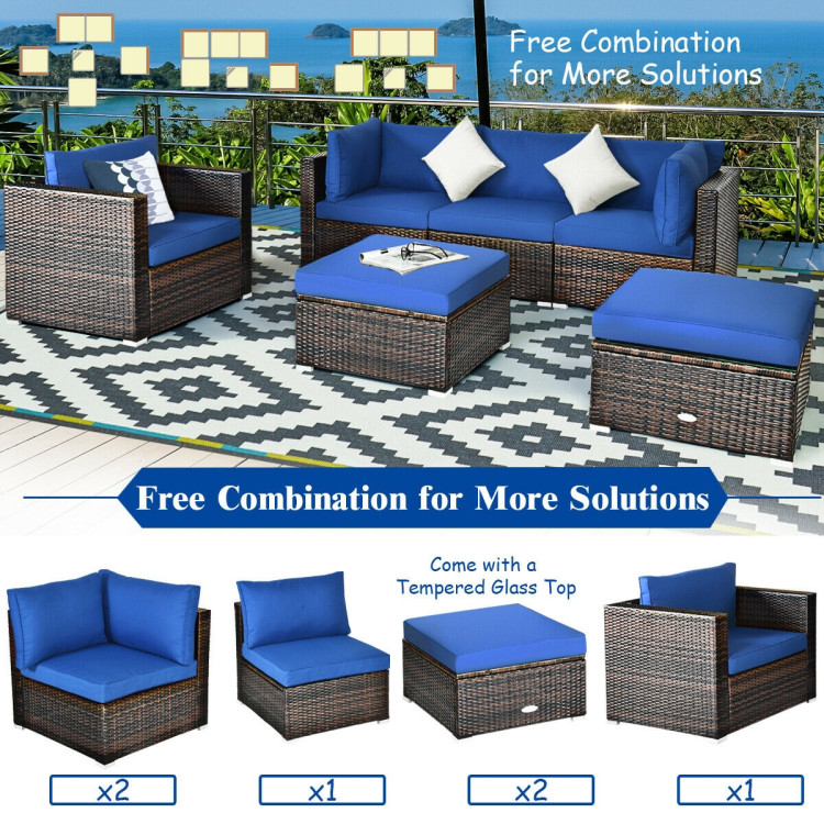 6 Pcs Patio Rattan Furniture Set with Sectional Cushion-BlueCostway Gallery View 2 of 15
