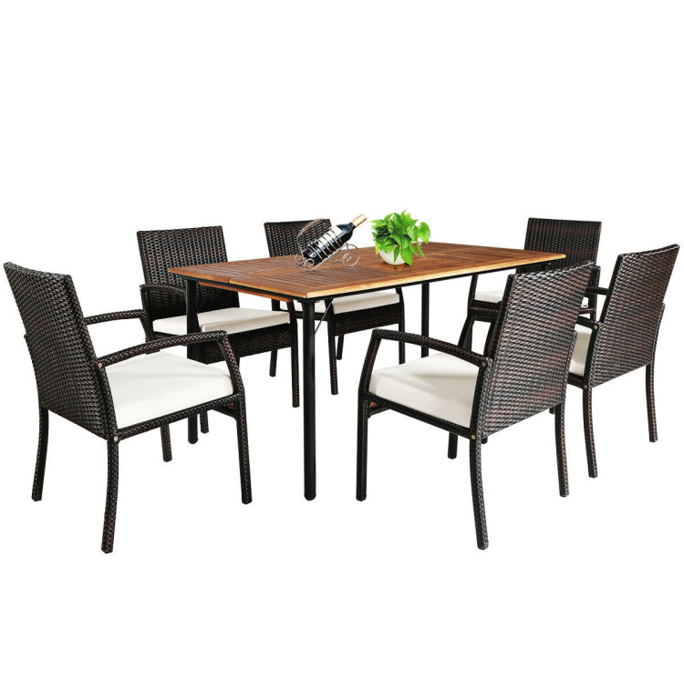 7PCS Patio Rattan Cushioned Dining Set with Umbrella HoleCostway Gallery View 10 of 12
