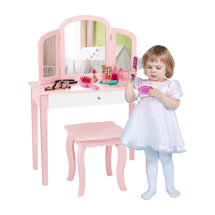 Kids Princess Make Up Dressing Table with Tri-folding Mirror and Chair-PinkCostway Gallery View 8 of 12